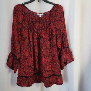 Westport 1962 Blouse Ruffle BOHO Peasant Red Blk 1X Floral Cottage Romantic Goth